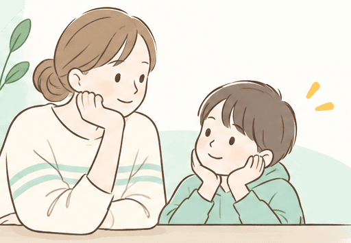 母親と子どもが机にほおづえをつき、顔を見合わせて話しているイラスト
